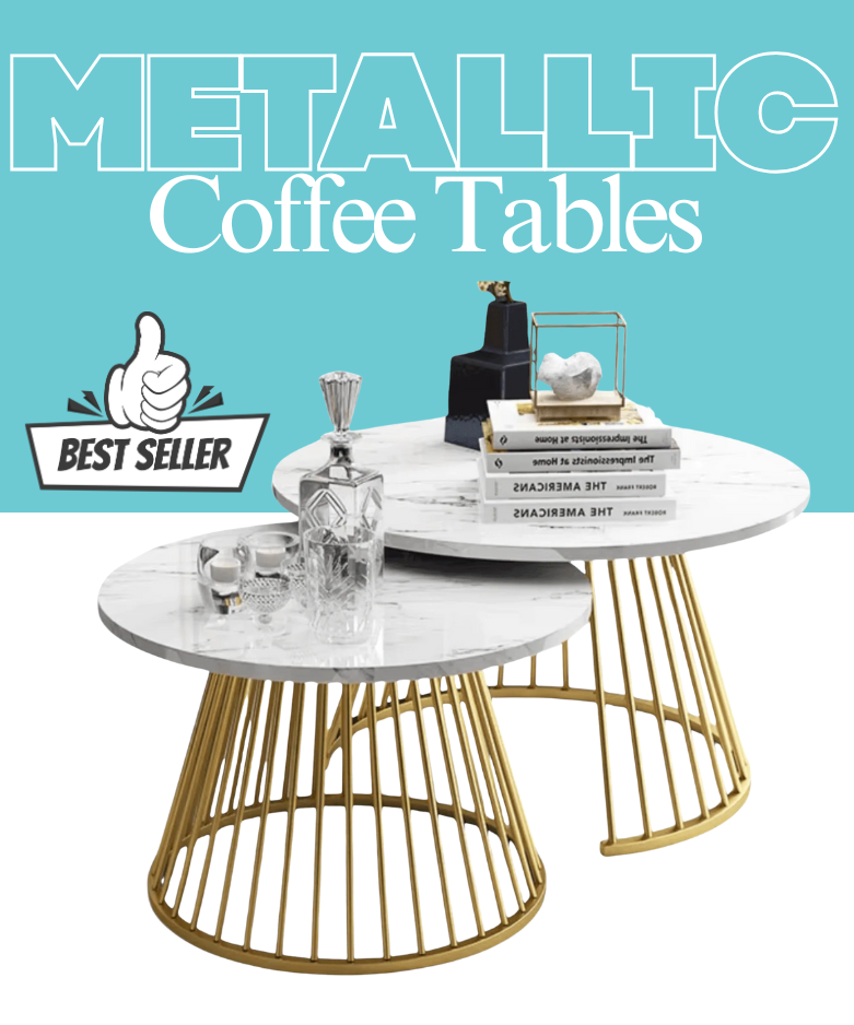 Metallic coffee tables with gold legs and marble top on a white background, featuring 'Best Seller' label.