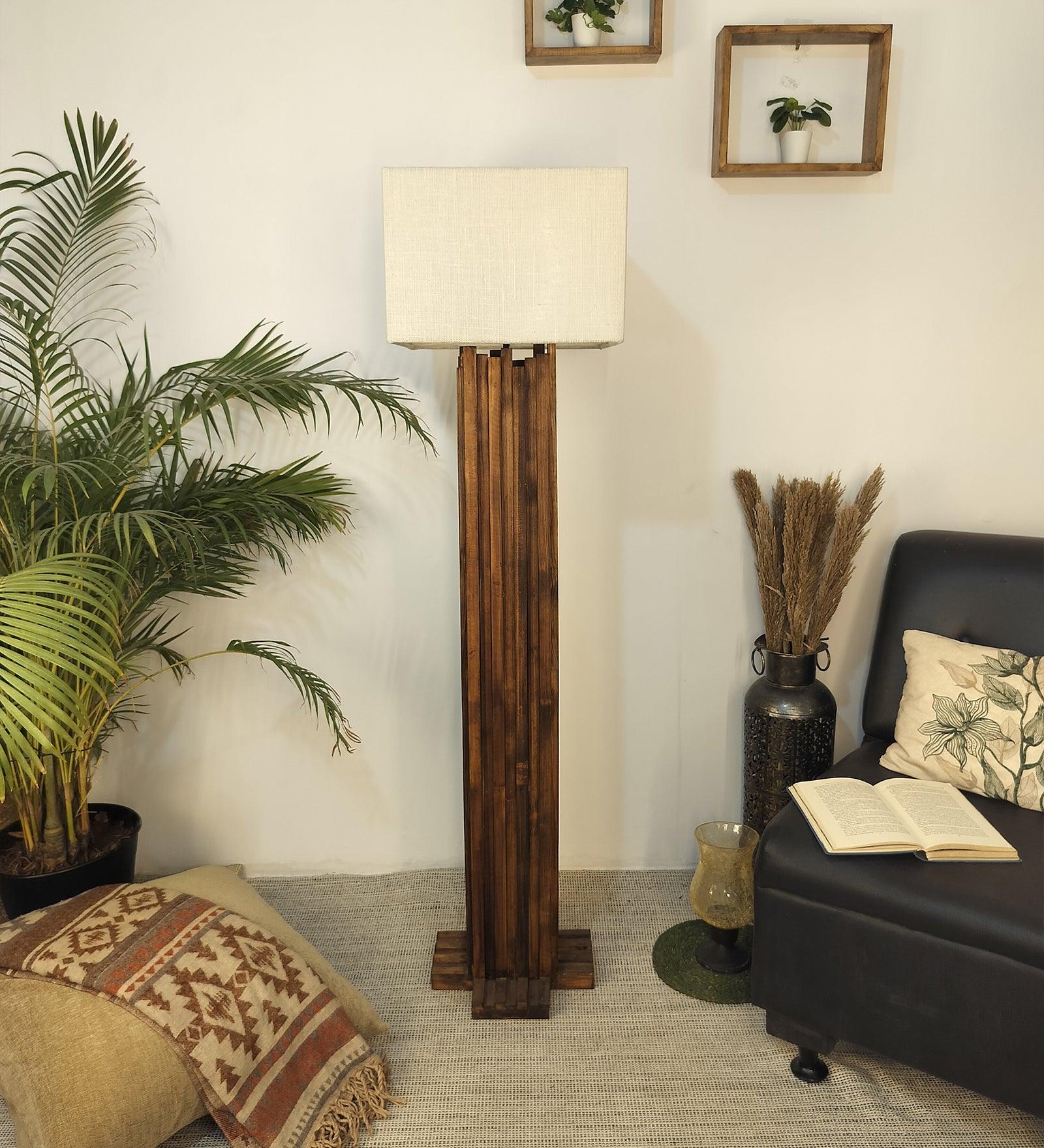 Palisade Wooden Floor Lamp with Premium Beige Fabric Lampshade - WoodenTwist