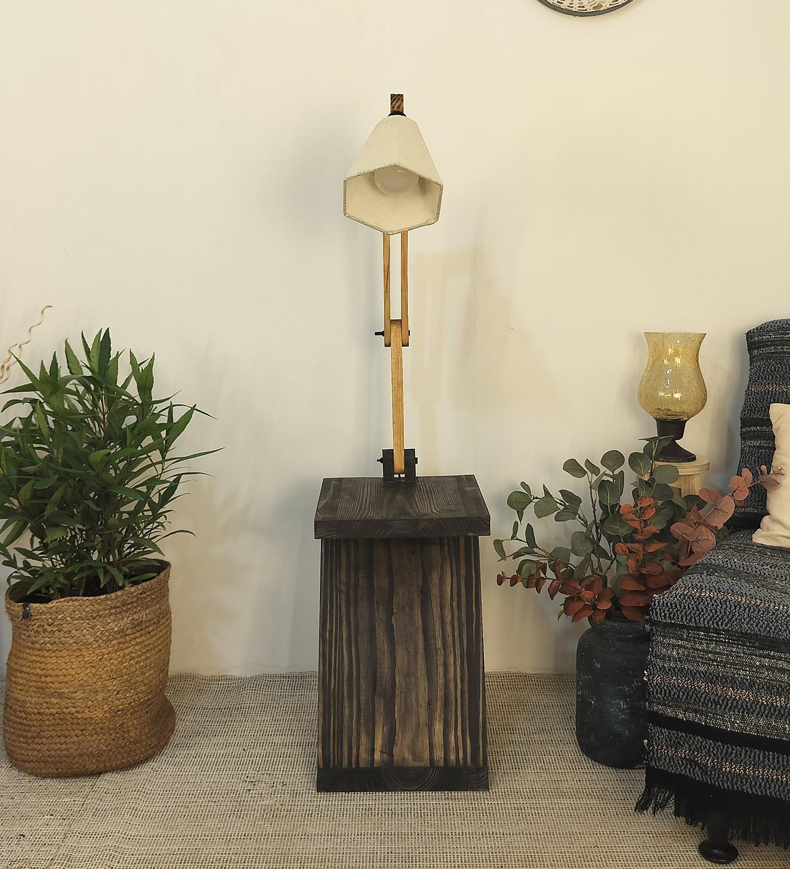 Patrice Wooden Floor Lamp with Brown Base and Jute Fabric Lampshade - WoodenTwist