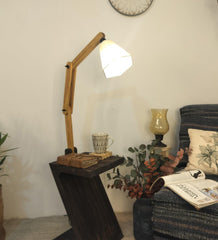 Patrice Wooden Floor Lamp with Brown Base and Jute Fabric Lampshade - WoodenTwist