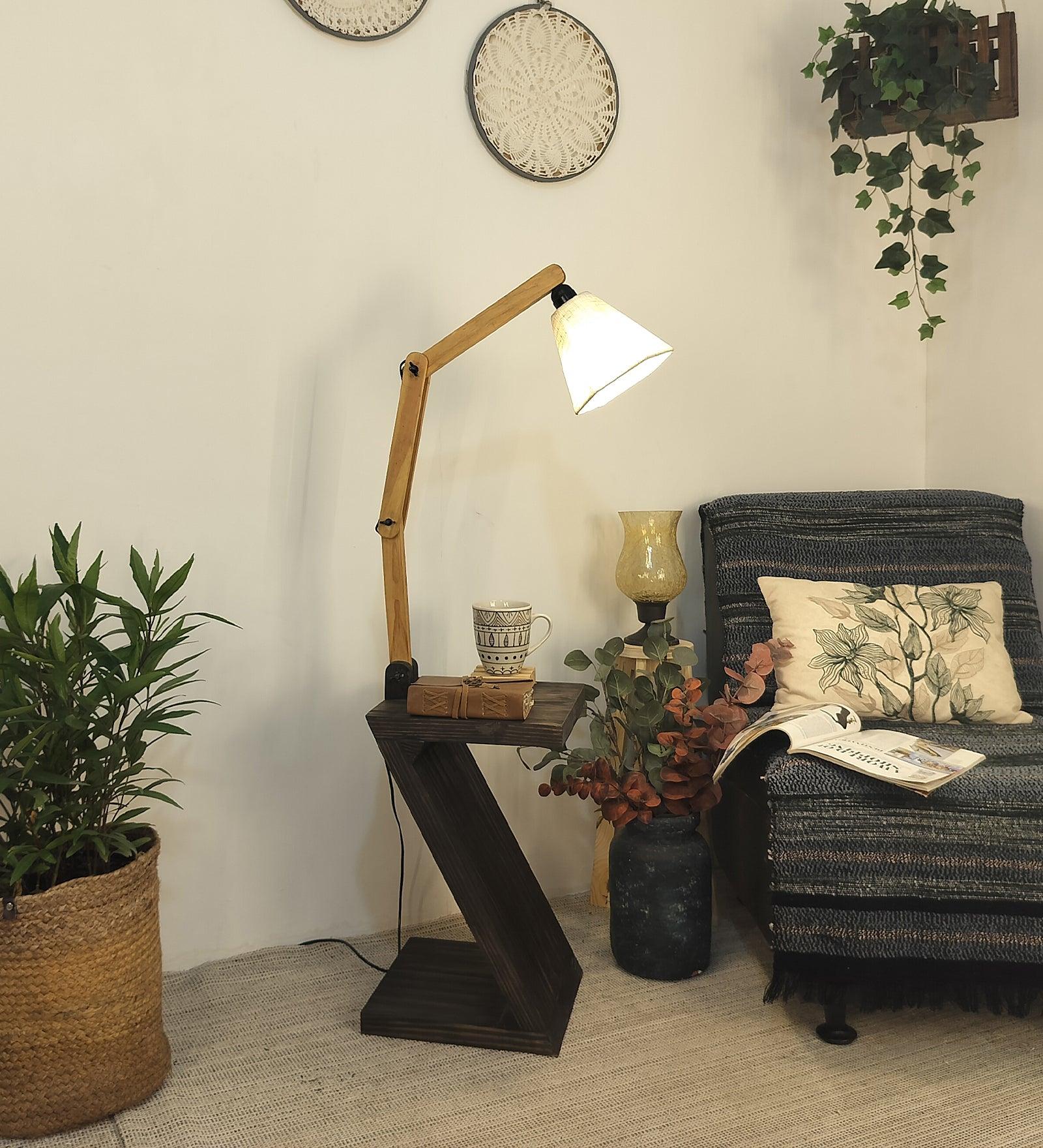 Patrice Wooden Floor Lamp with Brown Base and Jute Fabric Lampshade - WoodenTwist