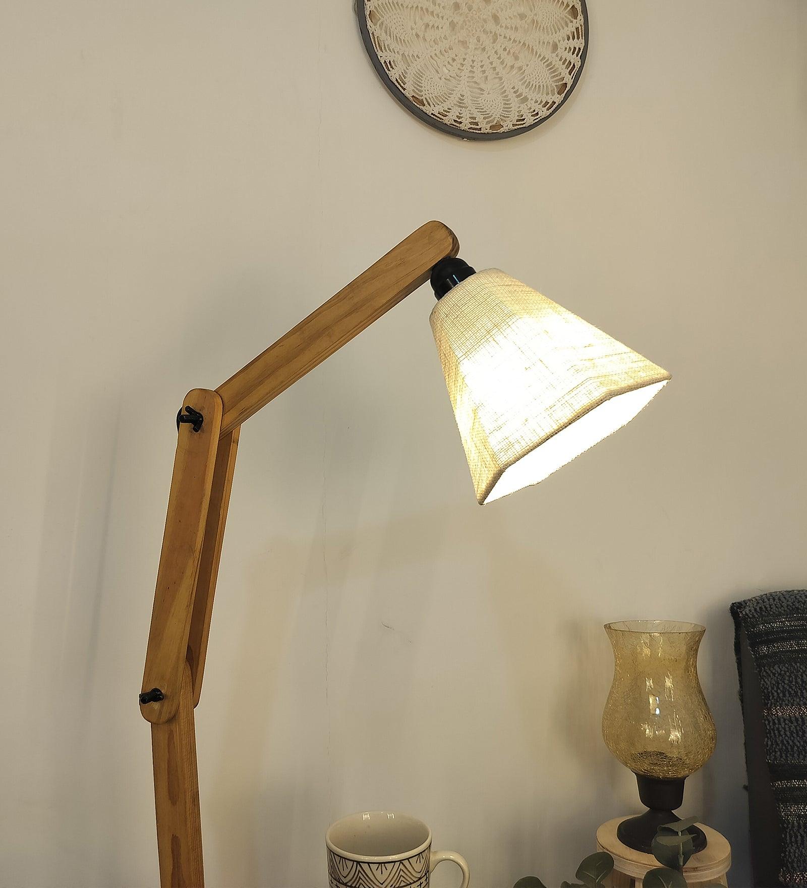 Patrice Wooden Floor Lamp with Brown Base and Jute Fabric Lampshade - WoodenTwist