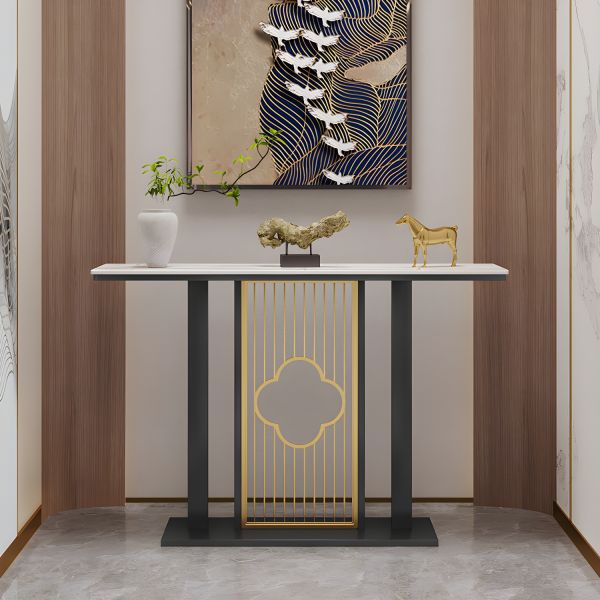 Luxurious Black Iron Rectangle Console Table with White Marble Top