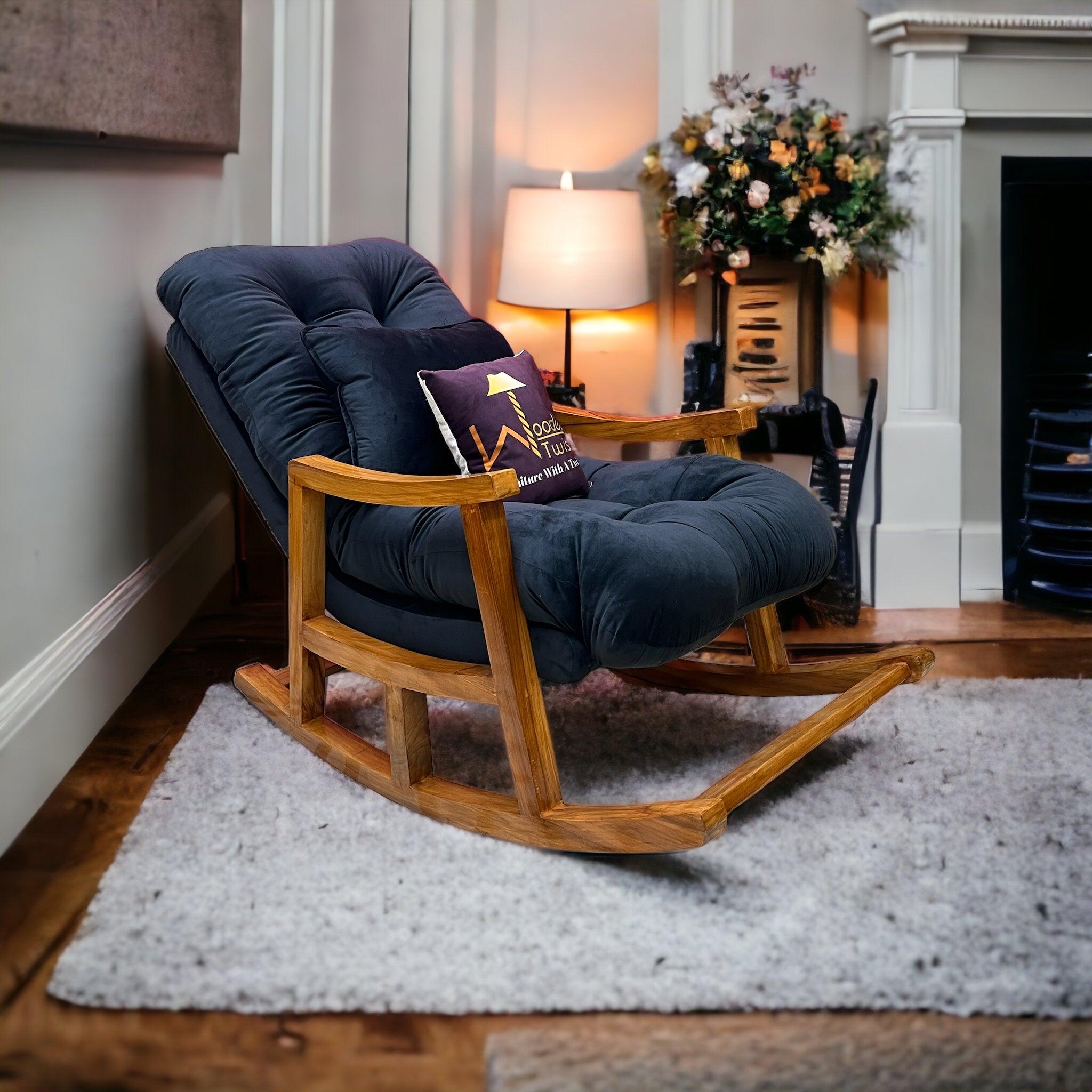 Rocking Chair Colonial and Traditional Super Comfortable Cushion And With Footrest (Natural Polish) - WoodenTwist