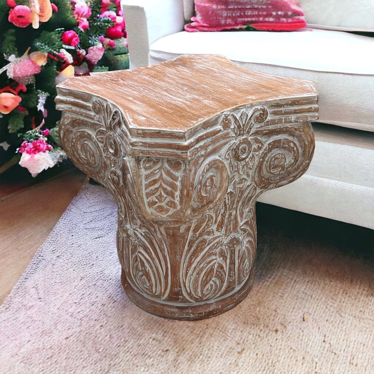 Hand Carved Pedestal End Table