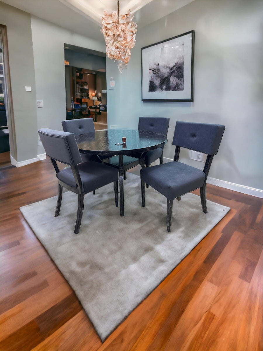 Teak wood, rust finish, grey fabric
