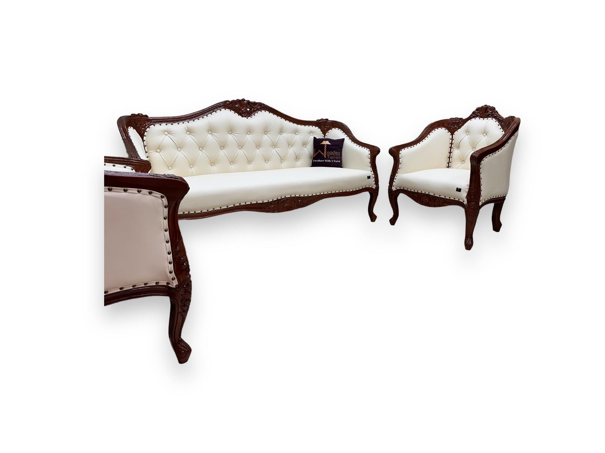 Wooden Handmade Italian Baroque Style Champagne Sofa Set 3+1+1 (Teak Wood) - WoodenTwist