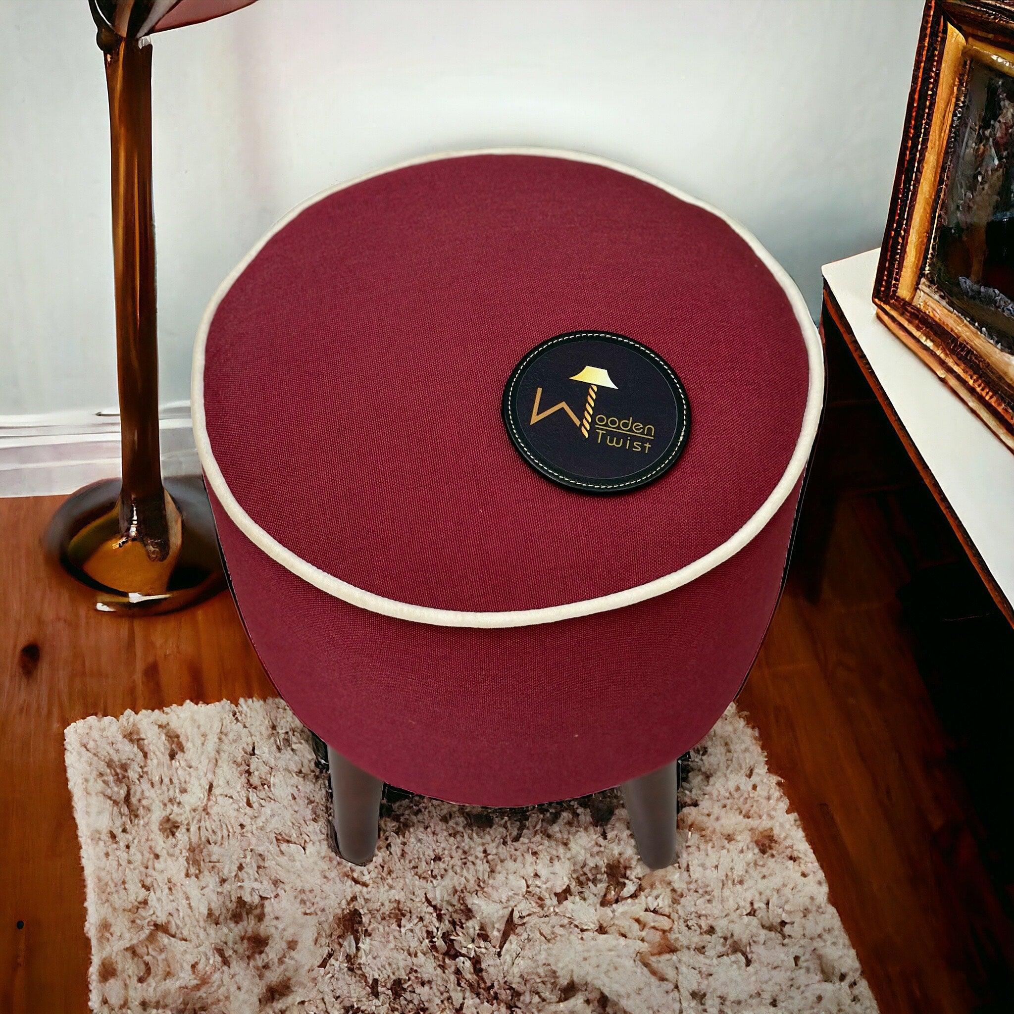 Wooden Twist Rope Design Round Puffy Ottoman Stool For Living Room Walnut Finish, Pack of Red