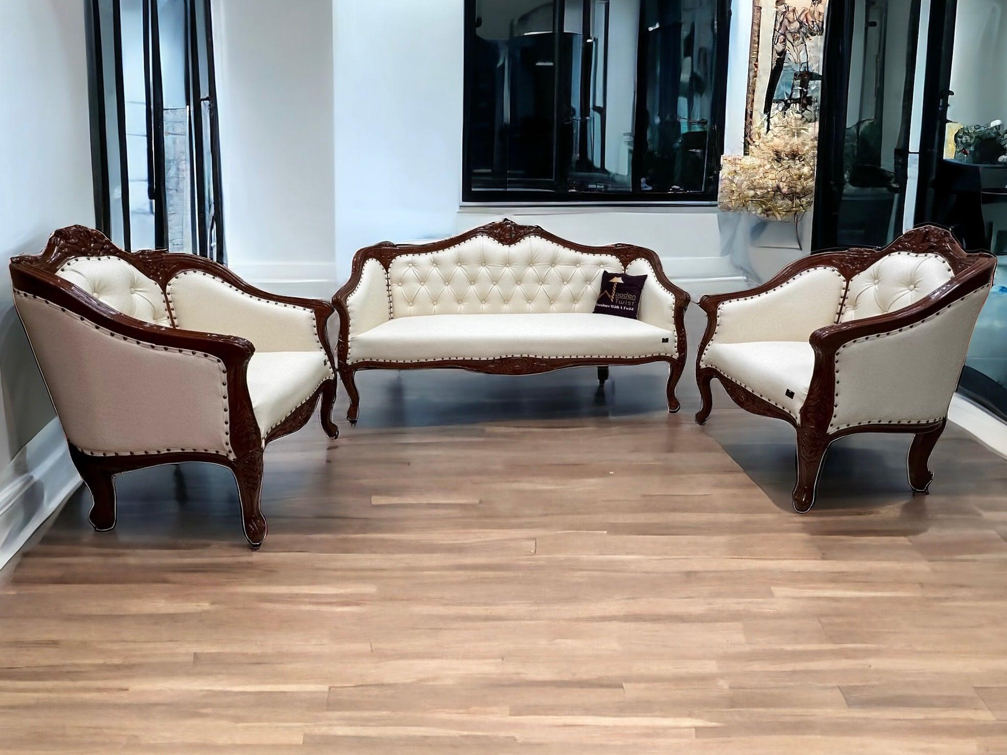 Wooden Handmade Italian Baroque Style Champagne Sofa Set 3+1+1 (Teak Wood) - WoodenTwist