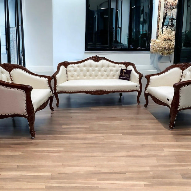 Wooden Handmade Italian Baroque Style Champagne Sofa Set 3+1+1 (Teak Wood) - WoodenTwist