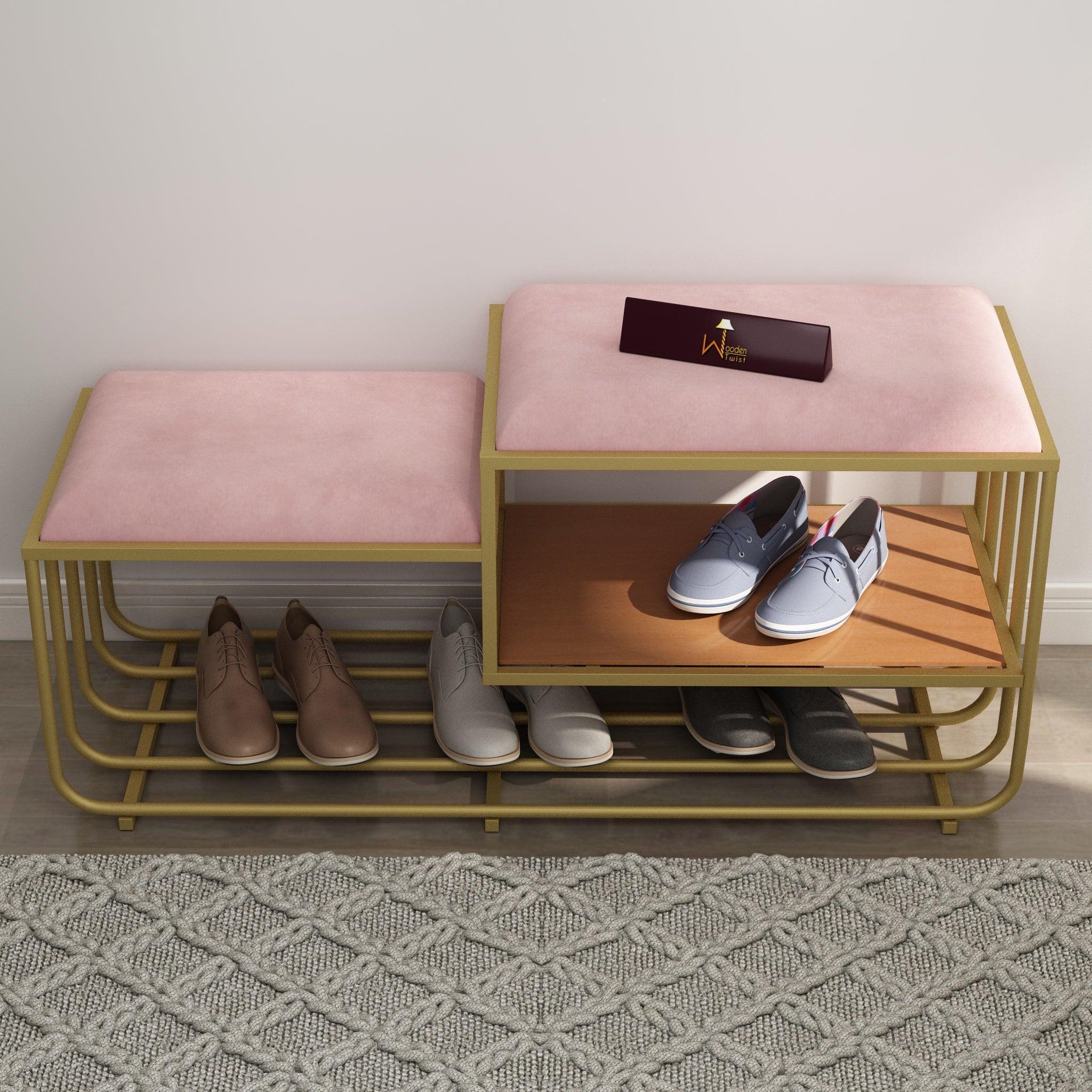 Wooden Twist Cage Style Rectangular Wrought Iron Shelf Shoe Rack Bench Pink