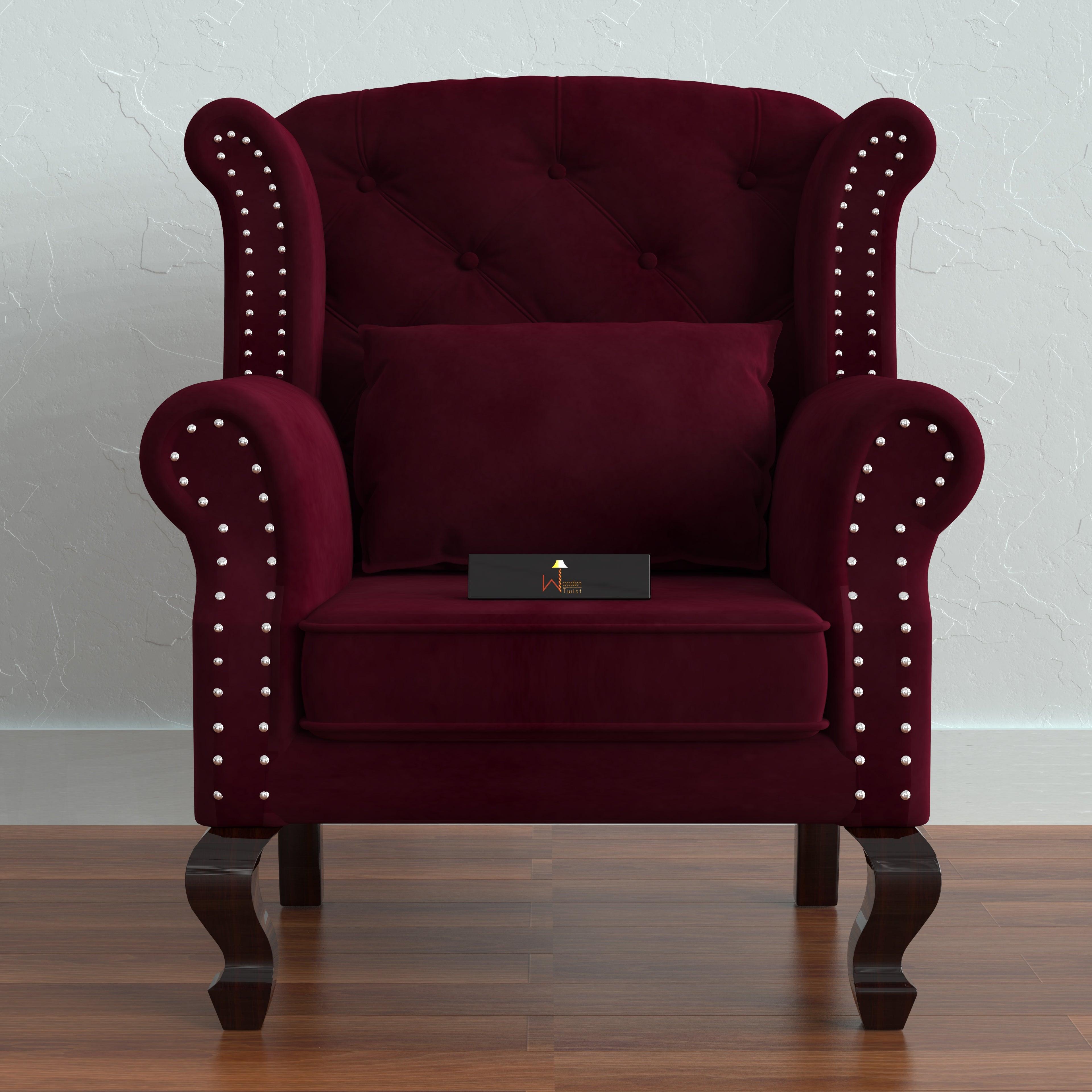 Wooden Twist Velvet Wing Chair 