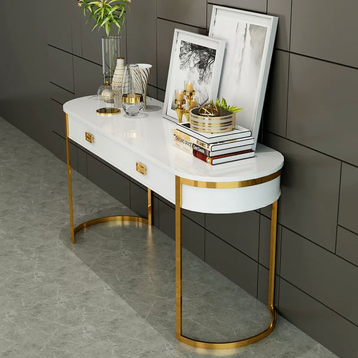 Luxurious Oval Console Table with Clear Glass Top - White