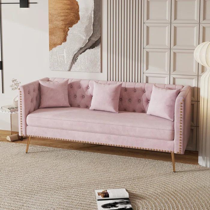 Pink Velvet Rectangular Sofa with Curved Arms