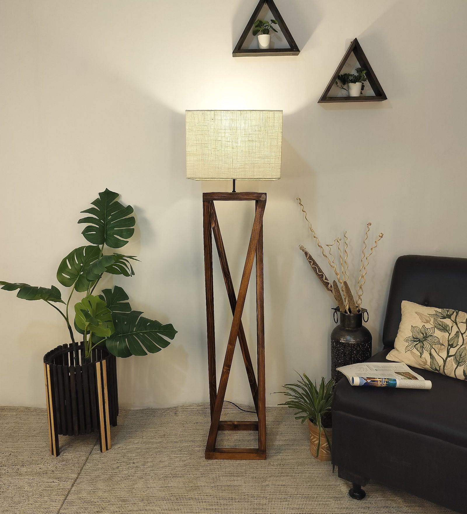 Remy Wooden Floor Lamp with Brown Base and Beige Fabric Lampshade - WoodenTwist