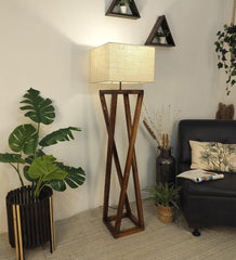 Remy Wooden Floor Lamp with Brown Base and Beige Fabric Lampshade - WoodenTwist