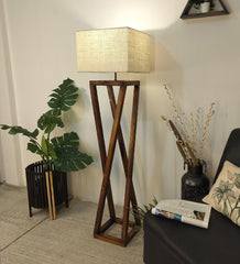 Remy Wooden Floor Lamp with Brown Base and Beige Fabric Lampshade - WoodenTwist