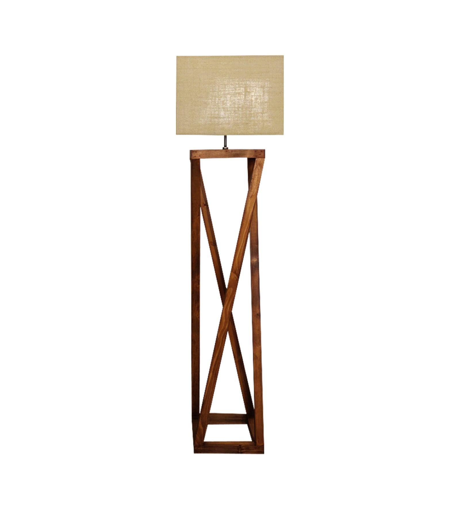 Remy Wooden Floor Lamp with Brown Base and Beige Fabric Lampshade - WoodenTwist