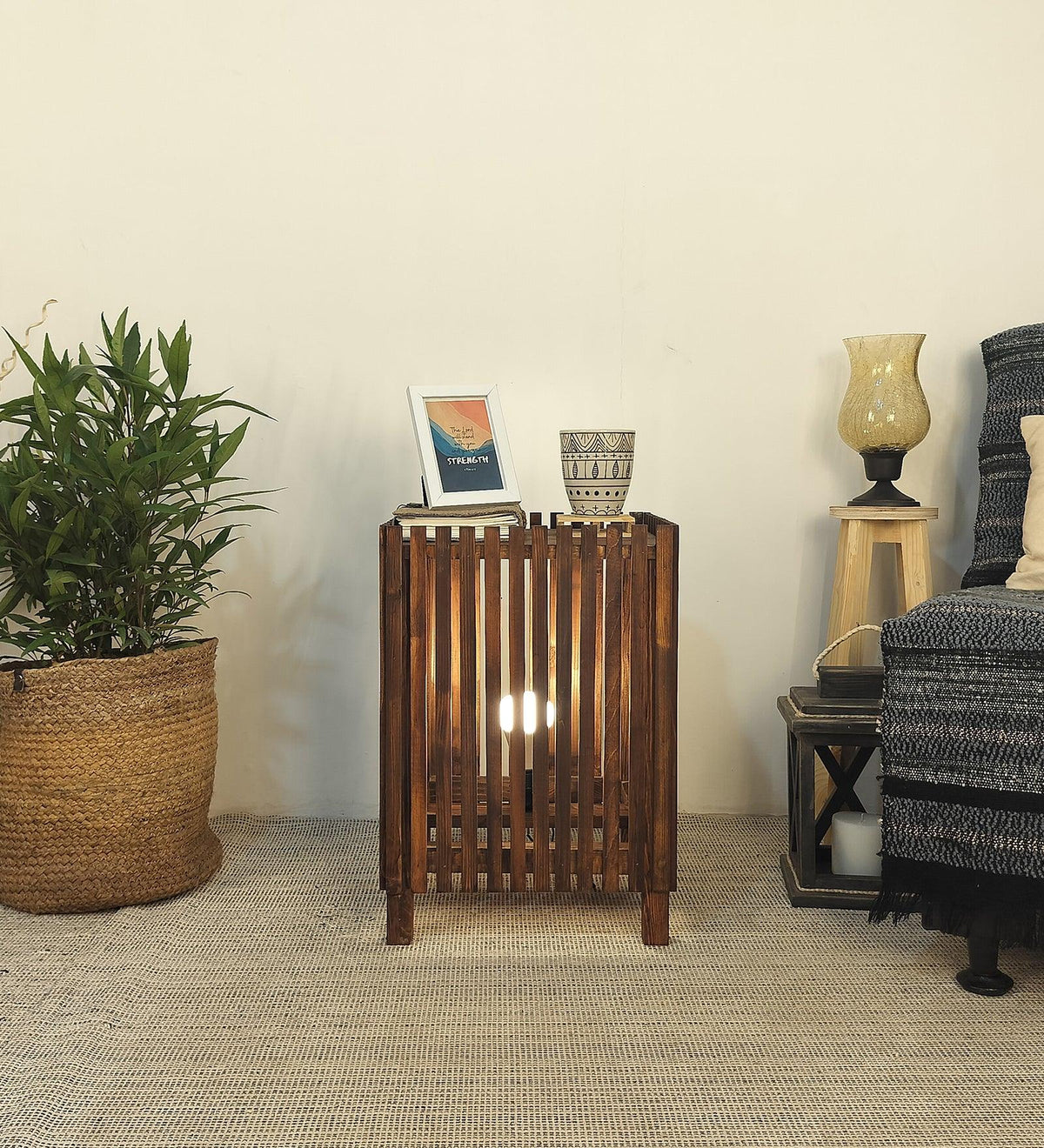 Renard Wooden Floor Lamp with Brown Base and Jute Fabric Lampshade - WoodenTwist