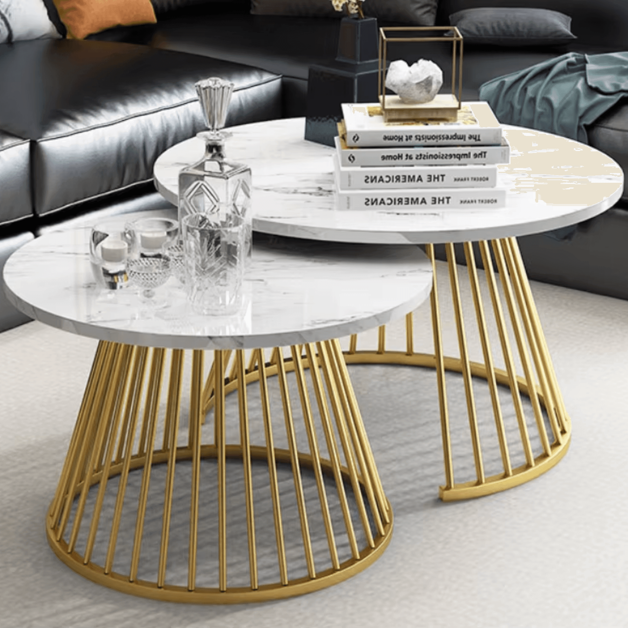 Wooden Twist Ornate Circular Design Round Coffee Table Set of 2 with Marble Top-Like Finish - WoodenTwist