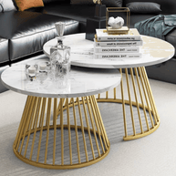 Wooden Twist Ornate Circular Design Round Coffee Table Set of 2 with Marble Top-Like Finish - WoodenTwist