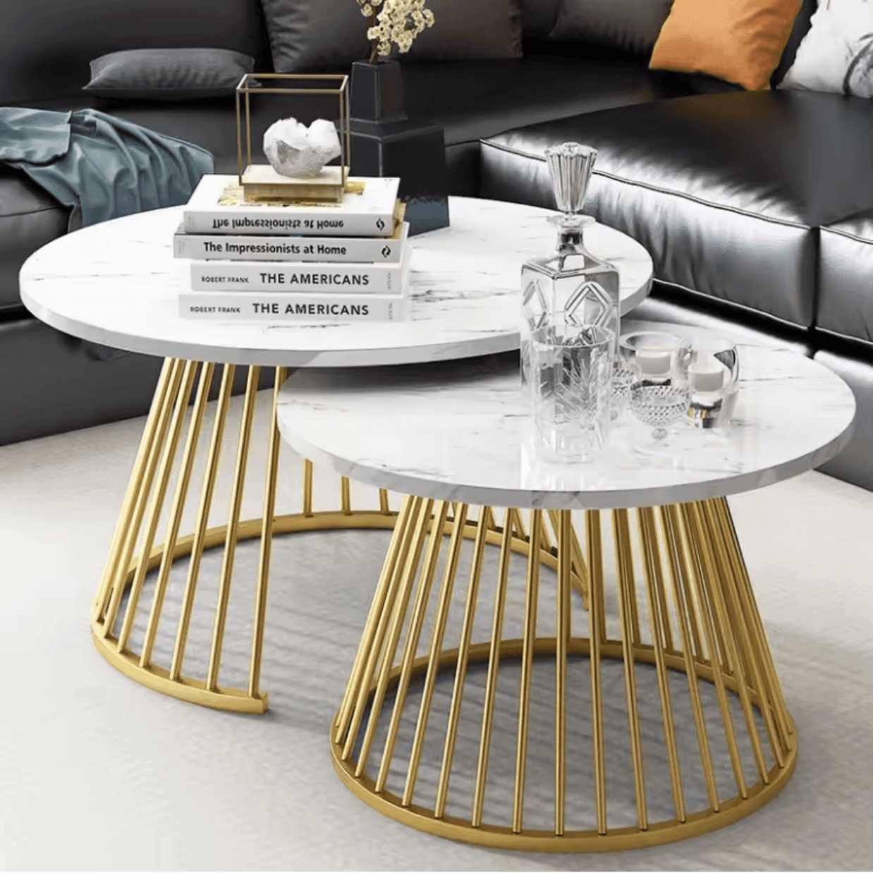Wooden Twist Ornate Circular Design Round Coffee Table Set of 2 with Marble Top-Like Finish - WoodenTwist