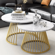 Wooden Twist Ornate Circular Design Round Coffee Table Set of 2 with Marble Top-Like Finish - WoodenTwist