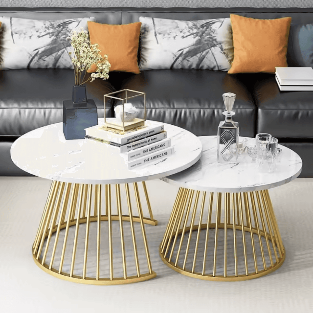 Wooden Twist Ornate Circular Design Round Coffee Table Set of 2 with Marble Top-Like Finish - WoodenTwist
