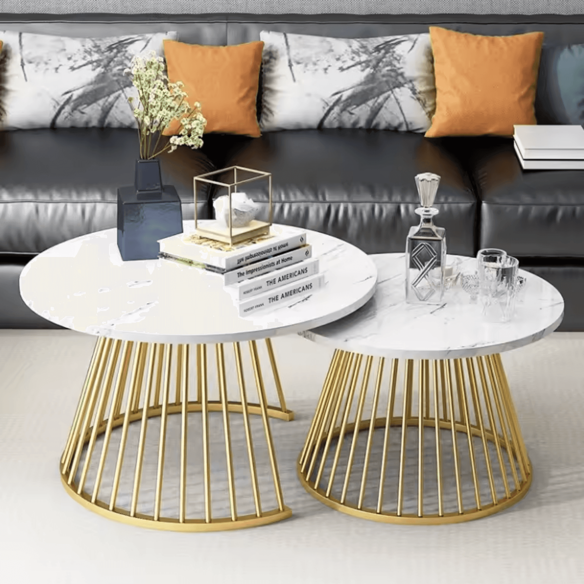 Wooden Twist Ornate Circular Design Round Coffee Table Set of 2 with Marble Top-Like Finish - WoodenTwist