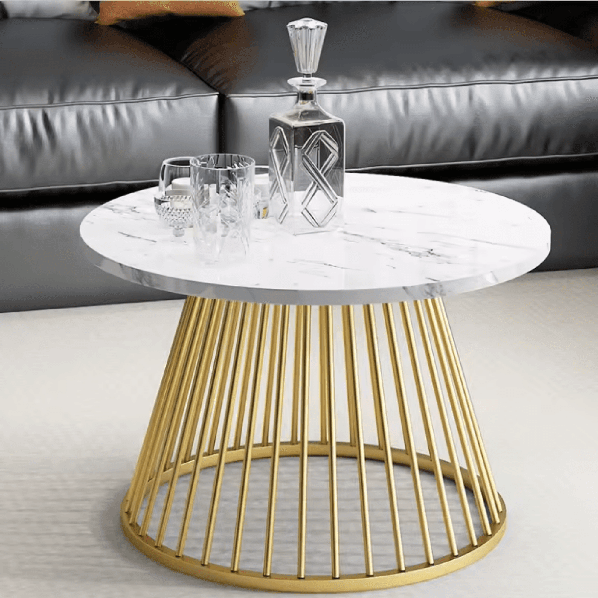 Wooden Twist Ornate Circular Design Round Coffee Table Set of 2 with Marble Top-Like Finish - WoodenTwist