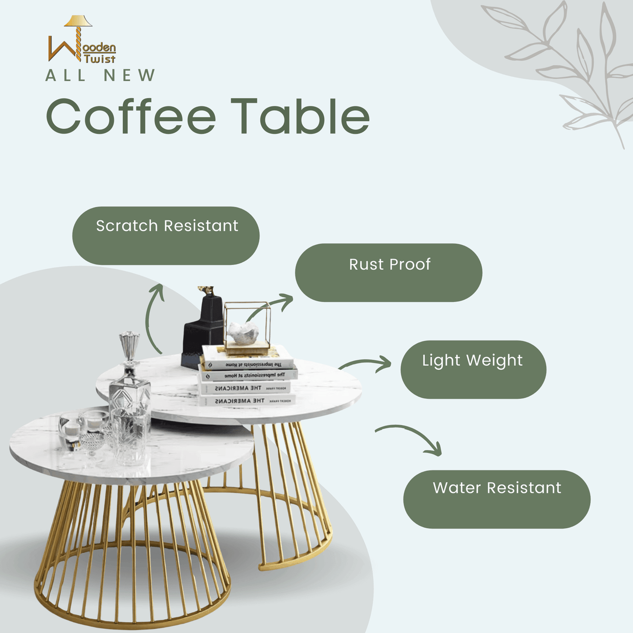 Wooden Twist Ornate Circular Design Round Coffee Table Set of 2 with Marble Top-Like Finish - WoodenTwist