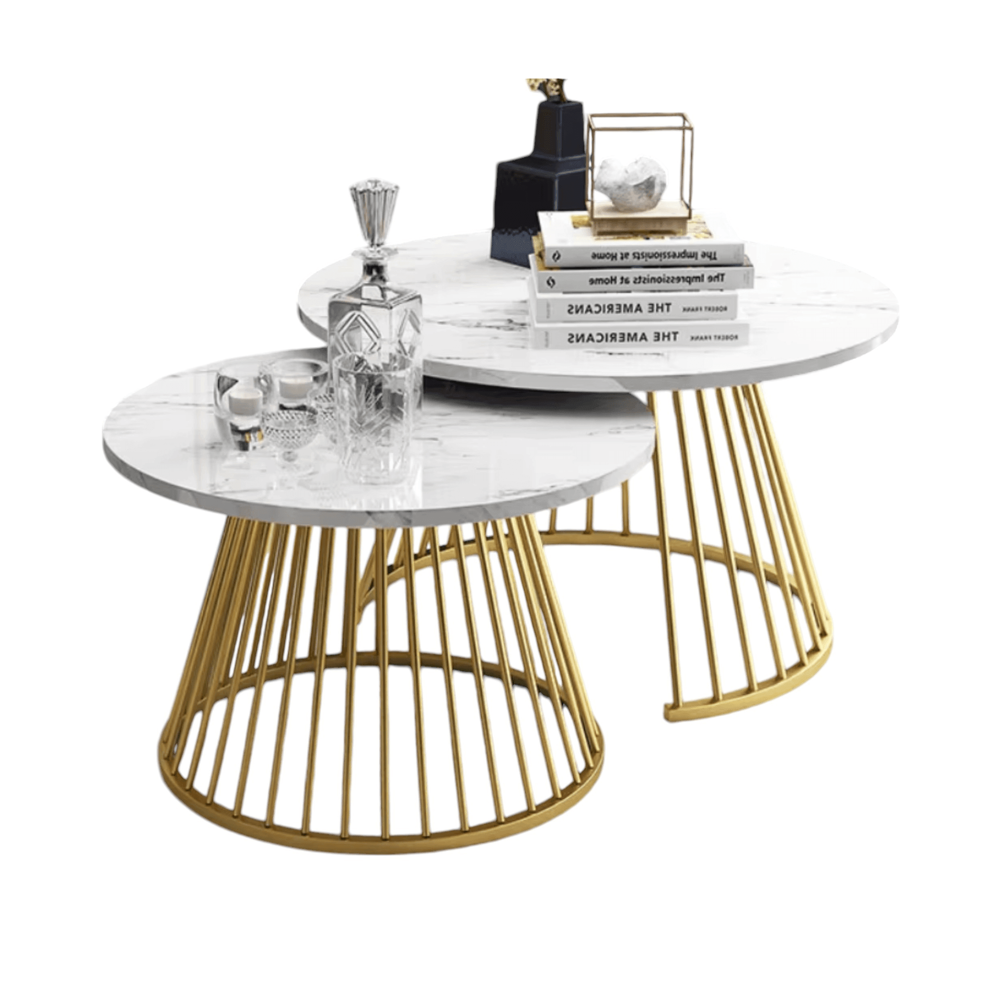 Wooden Twist Ornate Circular Design Round Coffee Table Set of 2 with Marble Top-Like Finish - WoodenTwist