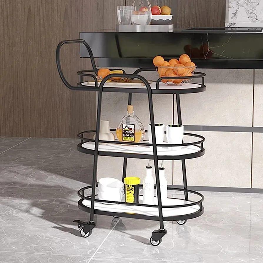 Black Oval Bar Cart, White Marble Top