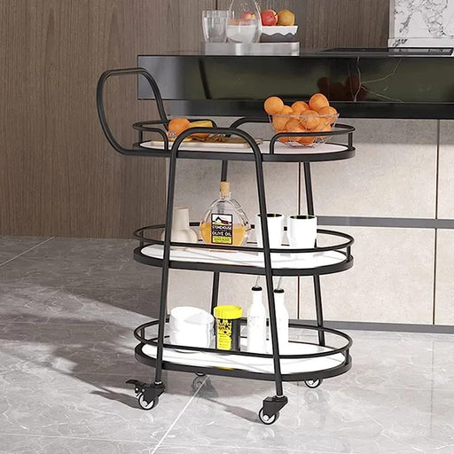 Modern Black Oval Trolley with White Marble Top