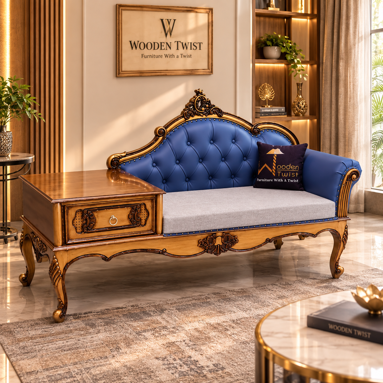 Luxury Antique Hand Carved Chaise Lounge Coffee And Phone Table With Storage