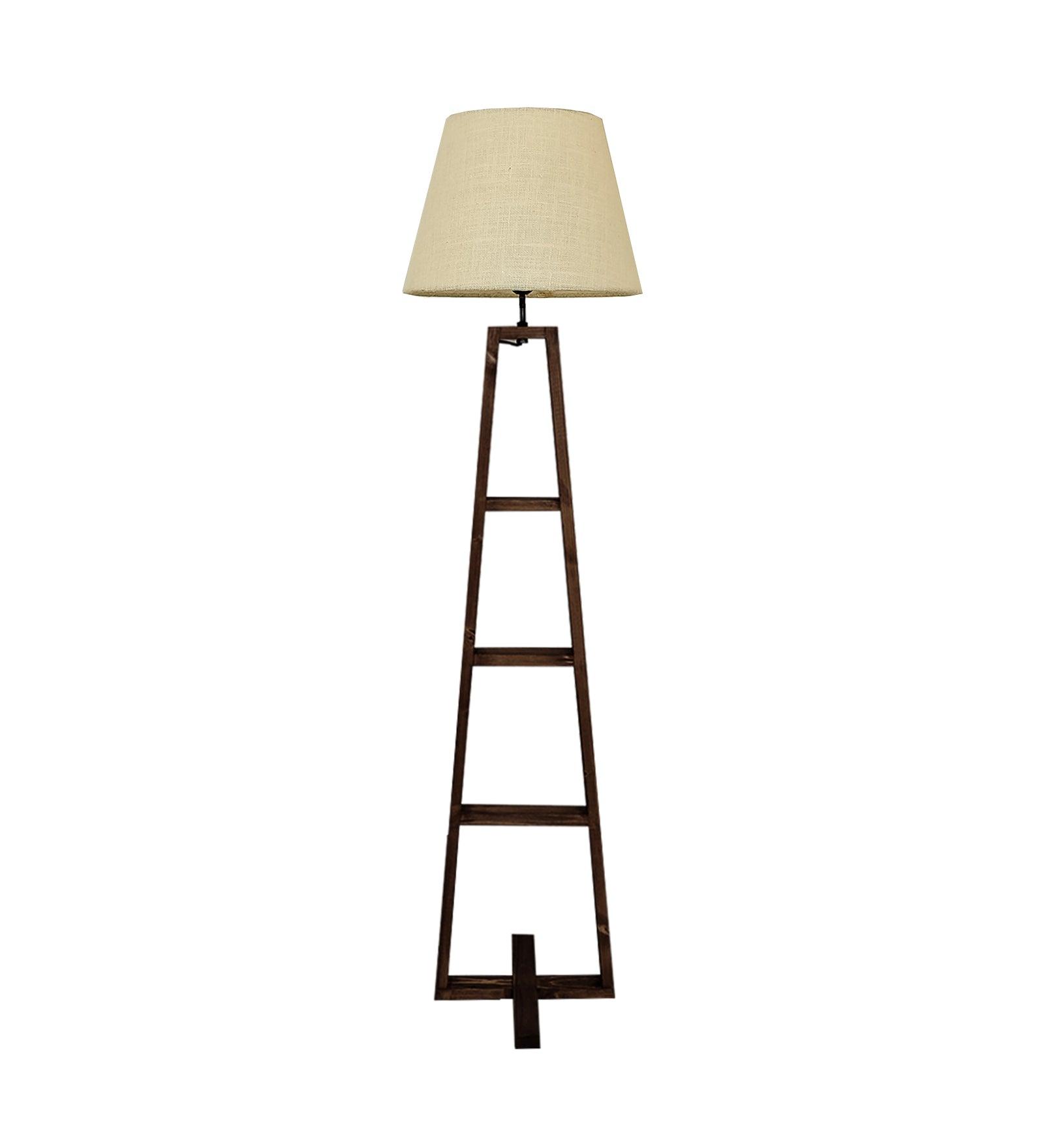 Salita Wooden Floor Lamp with Brown Base and Beige Fabric Lampshade - WoodenTwist