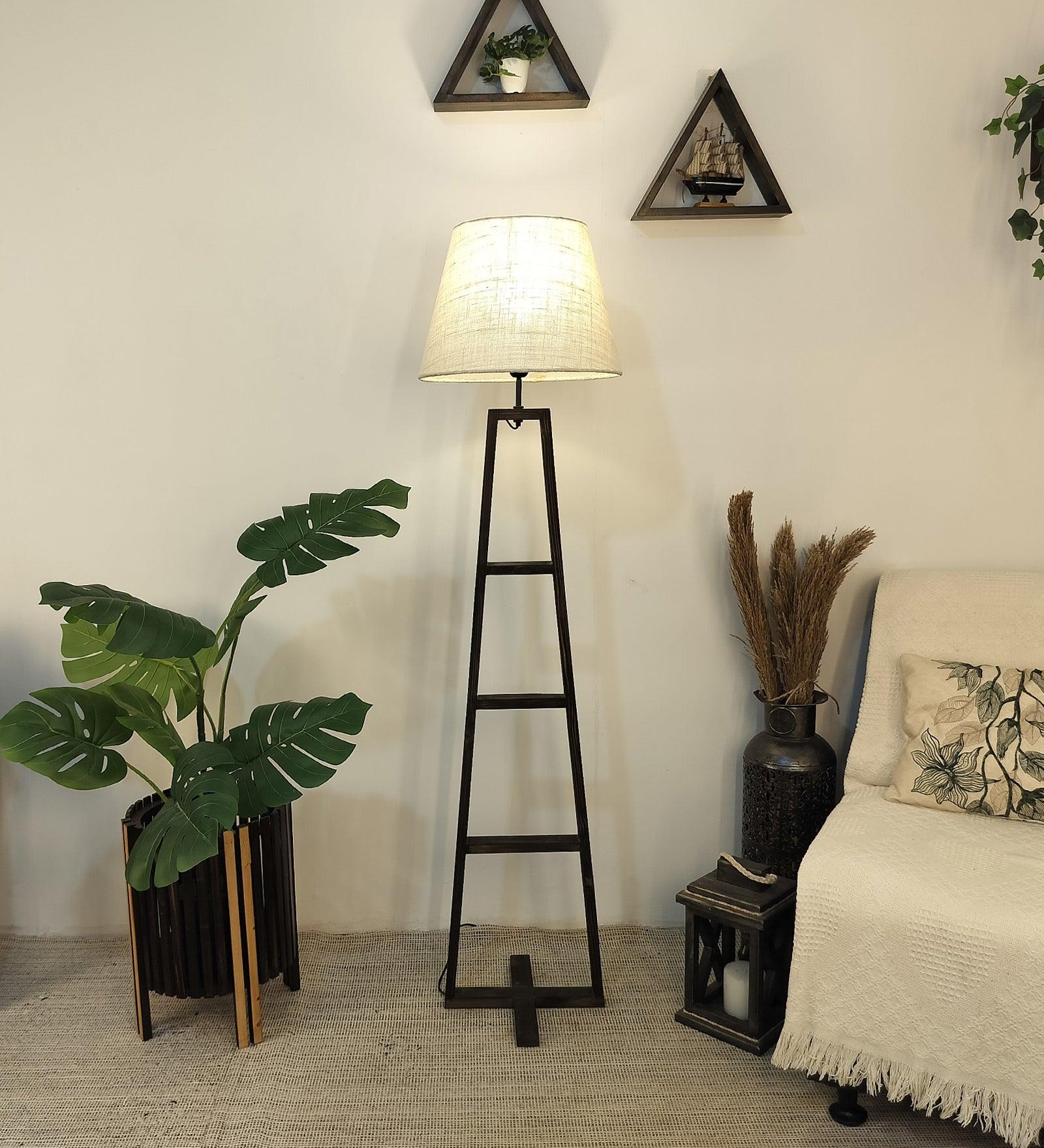 Salita Wooden Floor Lamp with Brown Base and Beige Fabric Lampshade - WoodenTwist