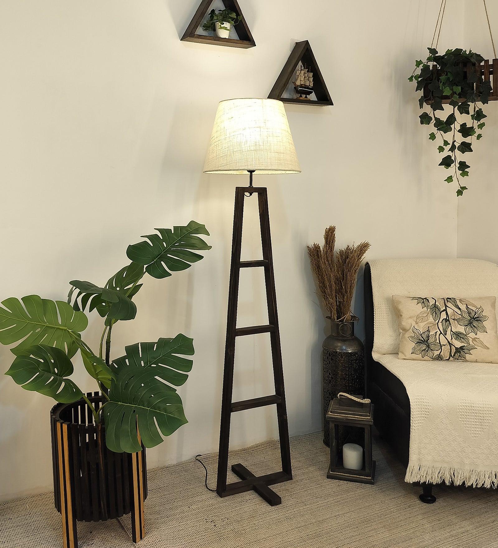 Salita Wooden Floor Lamp with Brown Base and Beige Fabric Lampshade - WoodenTwist