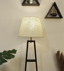 Salita Wooden Floor Lamp with Brown Base and Beige Fabric Lampshade - WoodenTwist