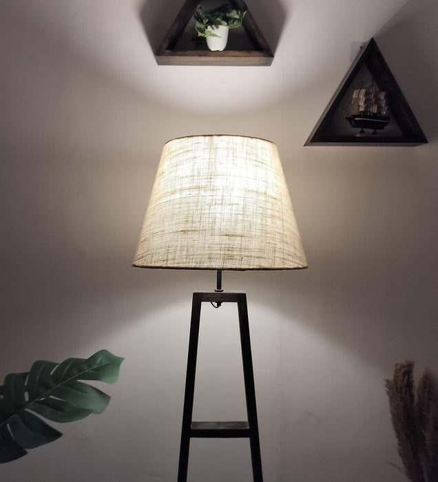 Salita Wooden Floor Lamp with Brown Base and Beige Fabric Lampshade - WoodenTwist