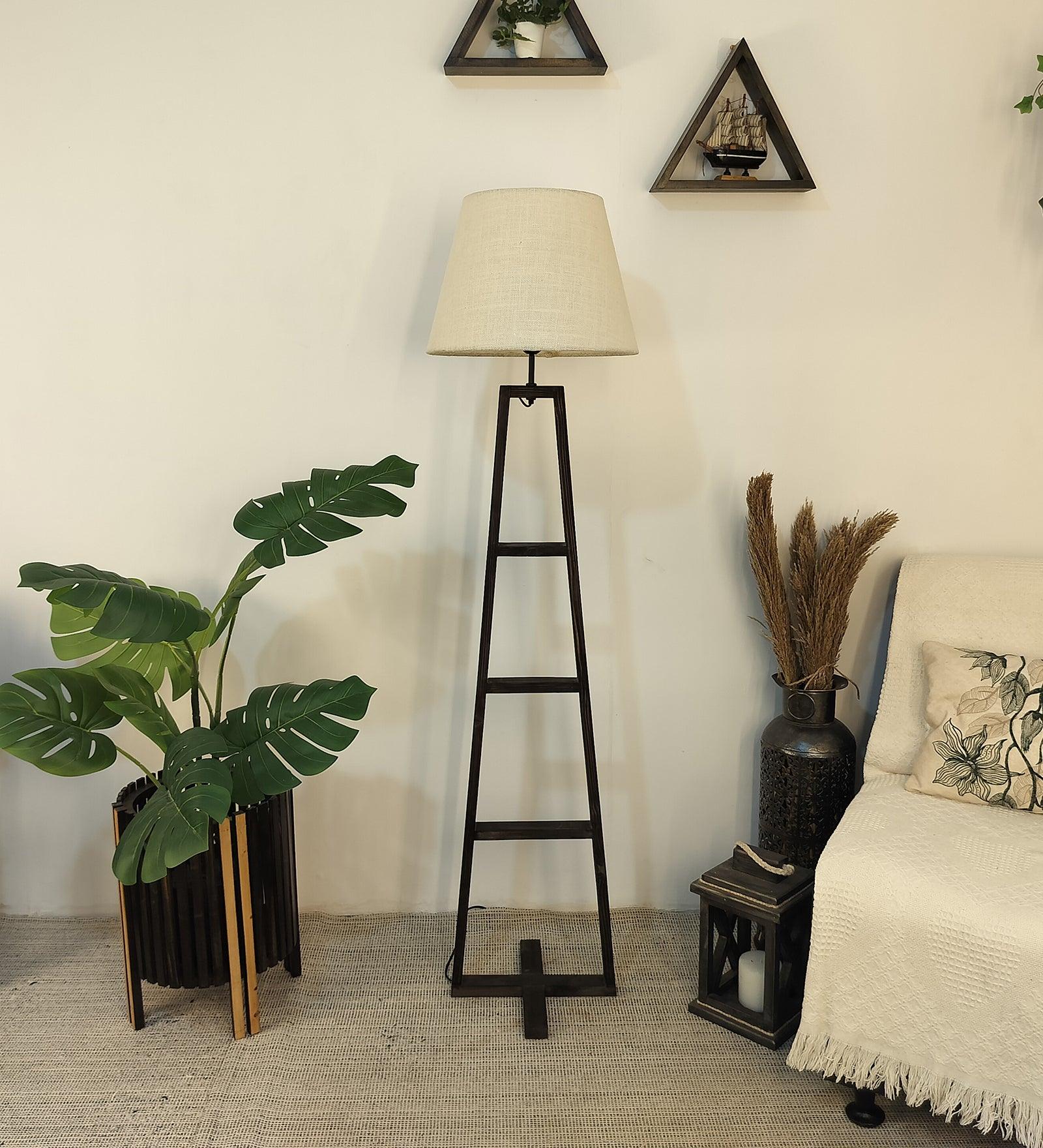 Salita Wooden Floor Lamp with Brown Base and Beige Fabric Lampshade - WoodenTwist