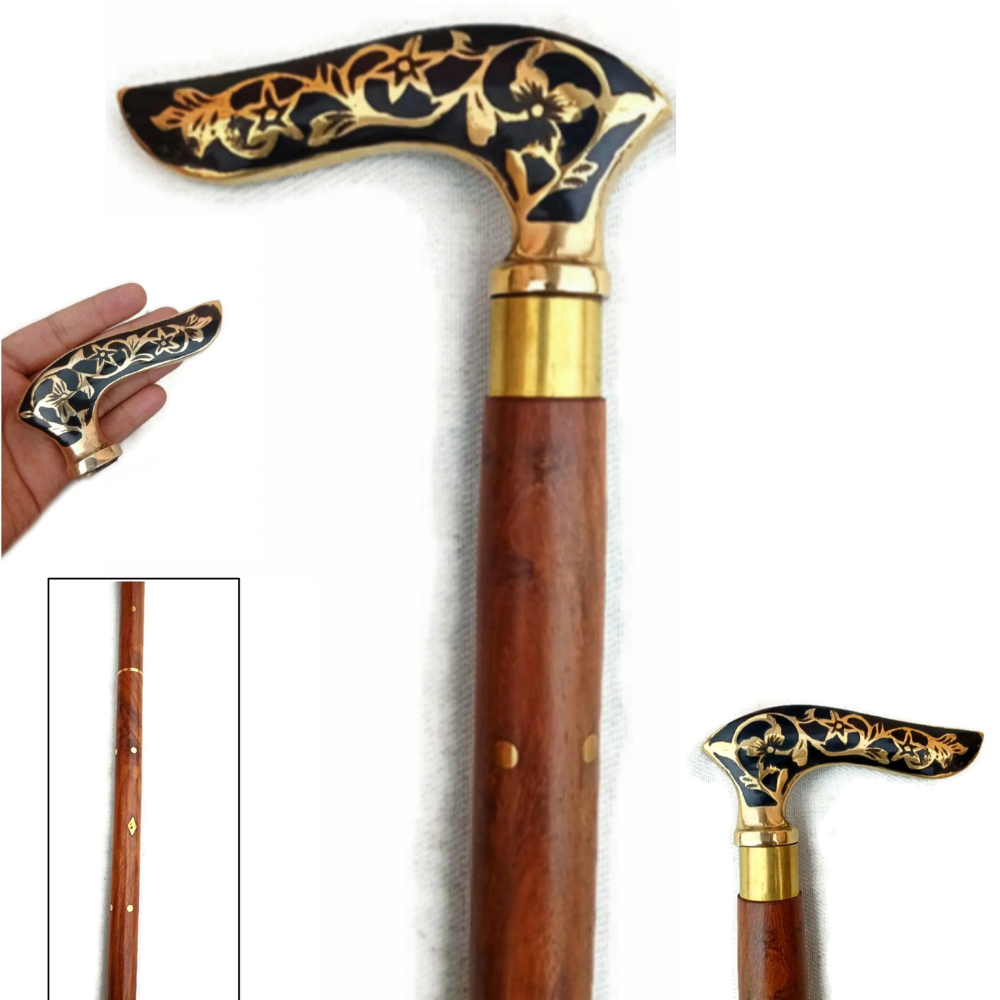 A Classic Wooden Cane with Brass Handle