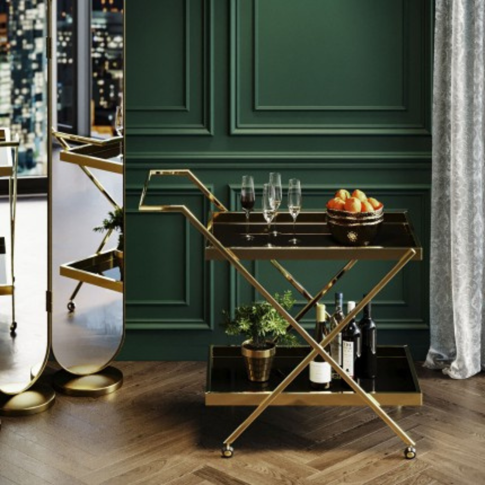 Luxury Stainless Steel Coated Home/Bar Cart Trolley (Golden & Black) - WoodenTwist