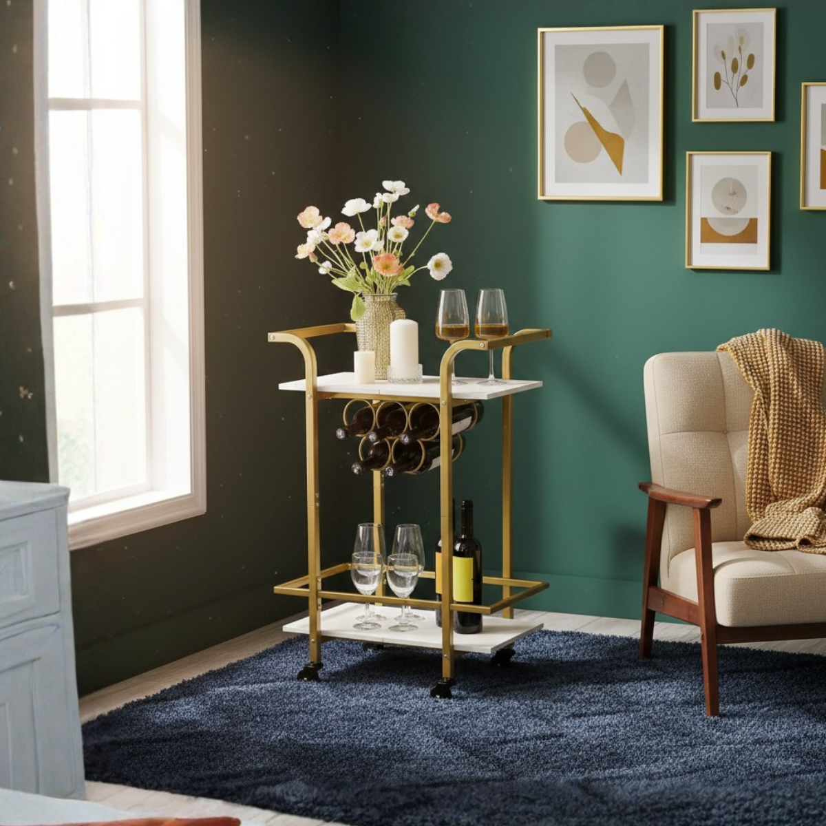 A 2-tier gold cart with a built-in bottle rack