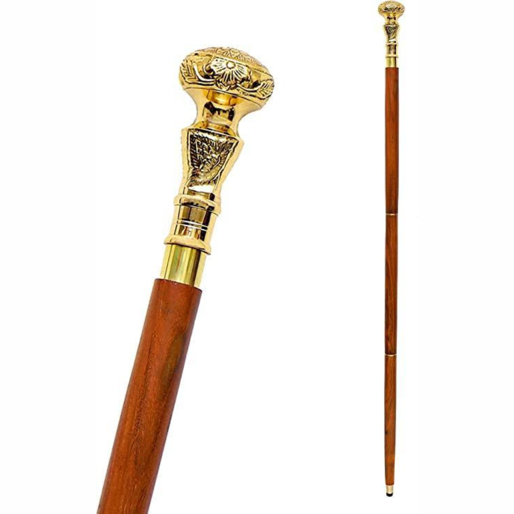 प्राचीन पीतल डिज़ाइन हेड हैंडल विंटेज स्टाइल लकड़ी की वॉकिंग केन स्टिक