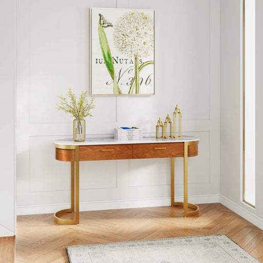 Luxurious White Marble Oval Console Table with Storage
