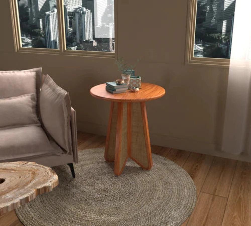 Round teak wood and rattan side table