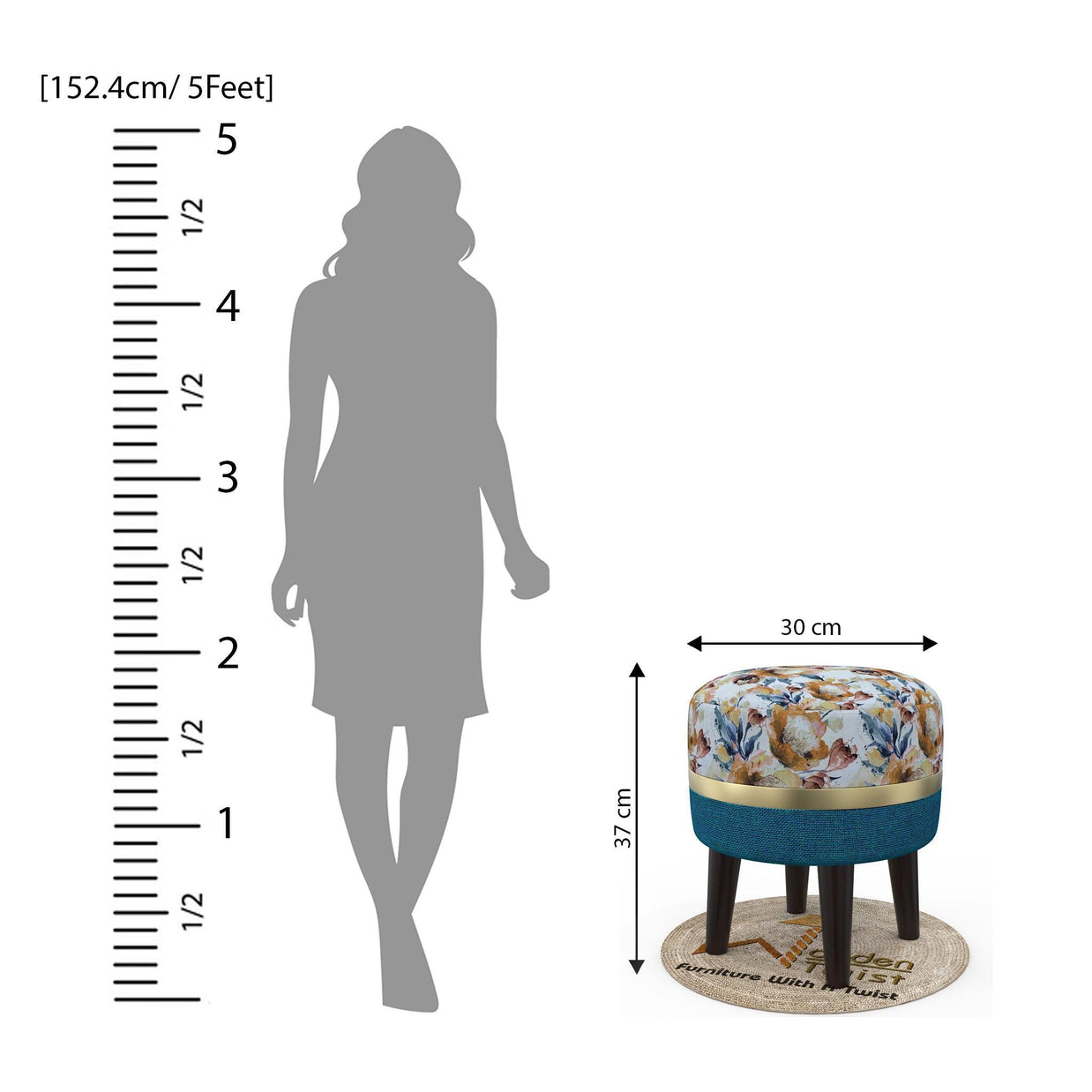 Wooden Twist Flank Puffy Ottoman Stool For Living Room ( Beige & Blue ) - WoodenTwist