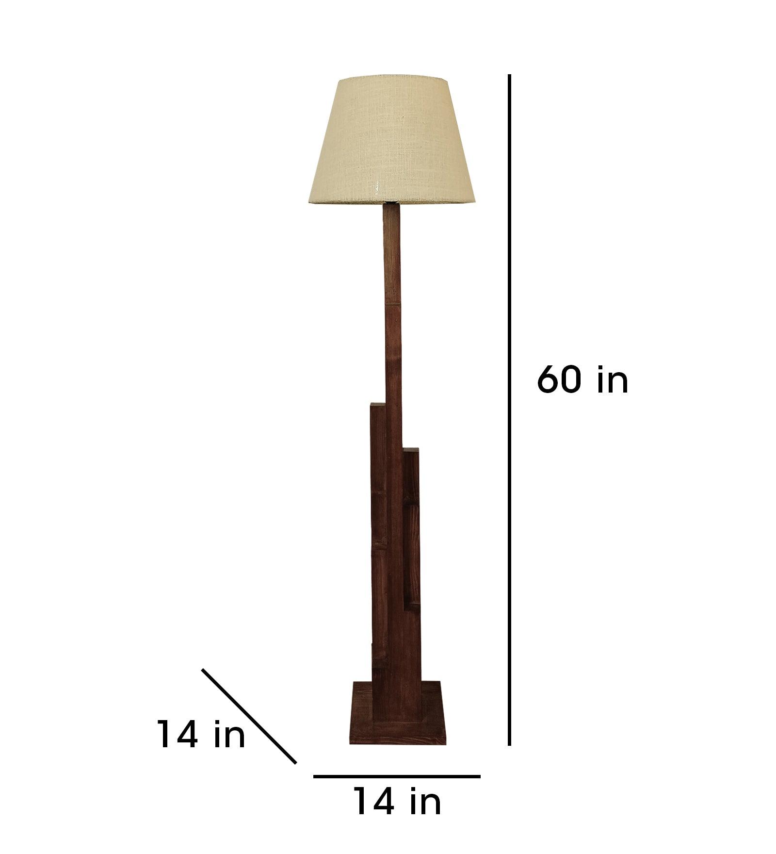 Skyline Wooden Floor Lamp with Brown Base and Yellow Printed Fabric Lampshade - WoodenTwist