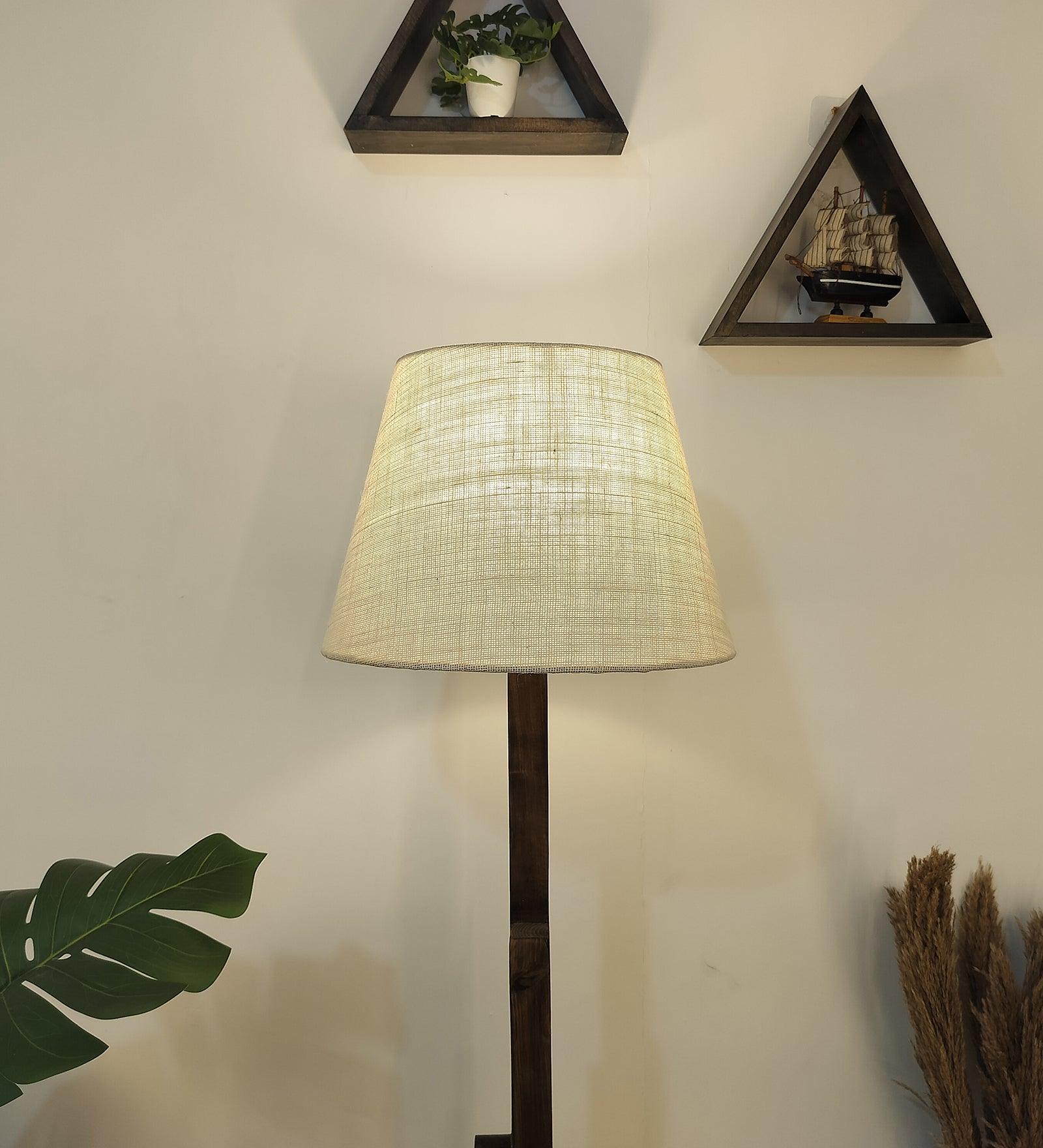 Skyline Wooden Floor Lamp with Brown Base and Yellow Printed Fabric Lampshade - WoodenTwist